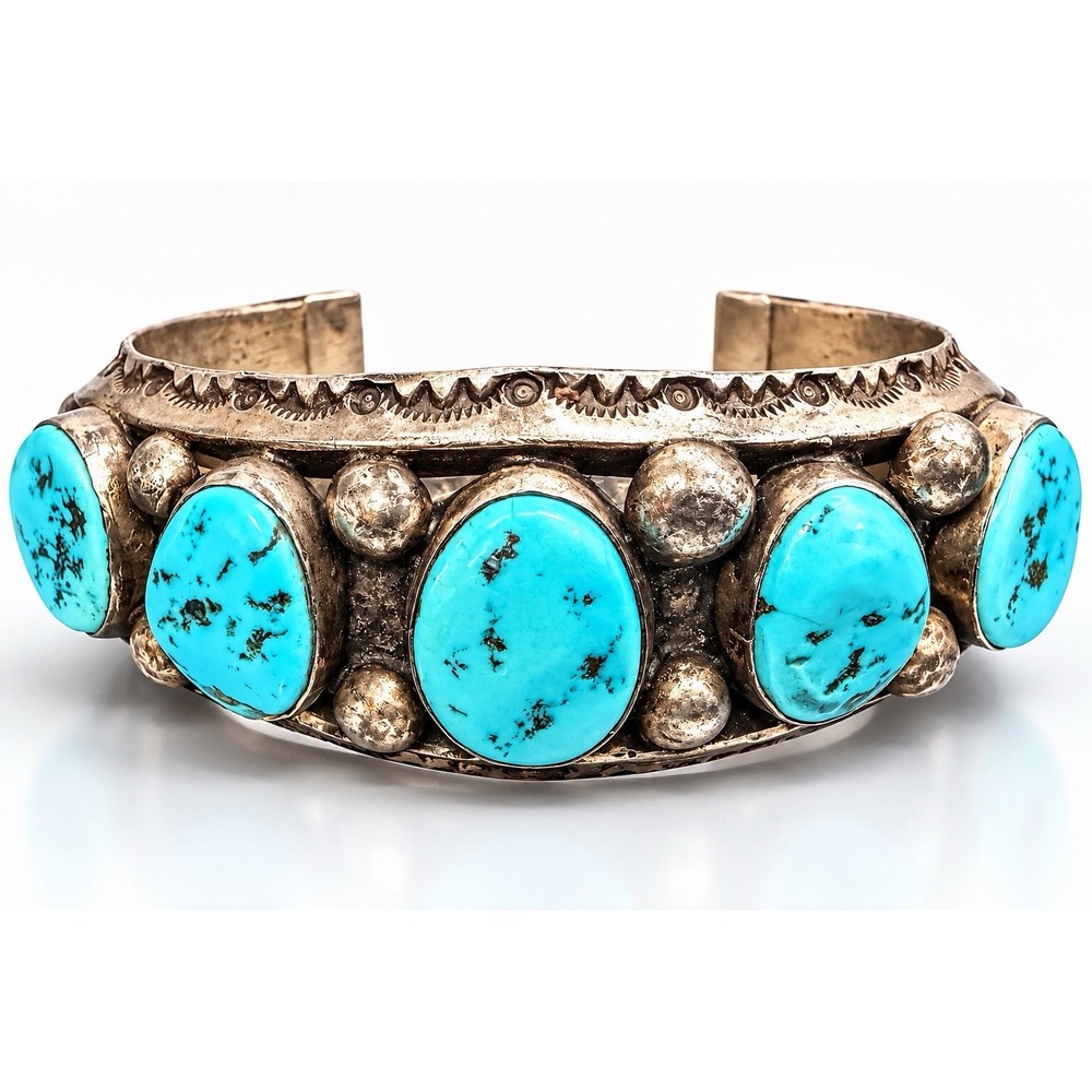 Vtg Navajo Heavy 2.8oz Morenci Turquoise Sterling Silver Cuff Bracelet 7.25"